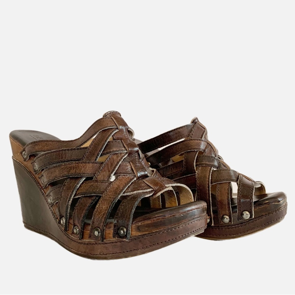 Bed Stu Sandals Braided Gina Woven Leather Slip On Wedge Heel Brown Size 9.